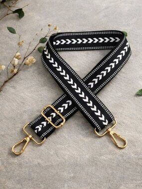 Boho Chevron Bag Strap Black White Adjustable Crossbody Gold Hardware Wide Purse